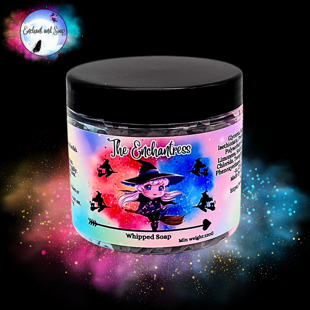 The Enchantress Whipped Soap with rhubarb and blackberry scent in a luxurious setting